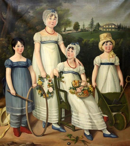 19th century American School Family portrait of four children standing in a garden, 60 x 54in.